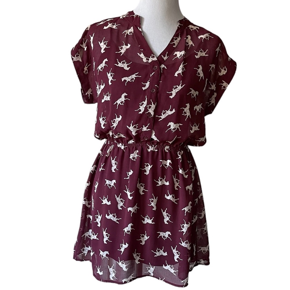 Mimi Chica maroon horse print western cowgirl sheer dress with slip size Small